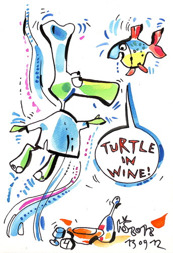 Cartoon: FISH IN WINE (medium) by Kestutis tagged pirate,chef,bottle,kitchen,glass,comic,strip,recipe,fish,turtle,wine,kestutis,siaulytis,lithuania,adventure