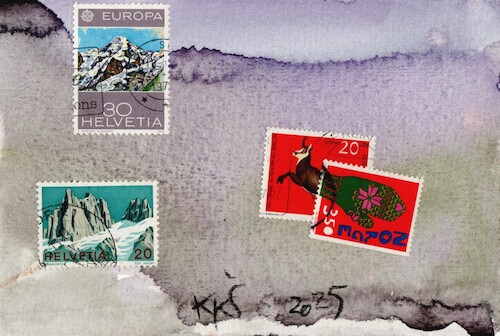 Cartoon: In the mountains it is cold (medium) by Kestutis tagged mountain,cold,art,kunst,kestutis,lithuania,dada,postcard,briefmarke,stamp