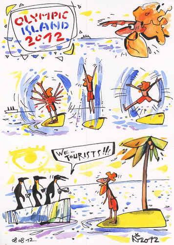 Cartoon: OLYMPIC ISLAND. Gymnastics (medium) by Kestutis tagged athletics,insel,comics,comic,penguin,palm,ocean,lithuania,siaulytis,kestutis,desert,sport,tourists,summer,2012,london,island,olympic,vogel,bird,gymnastics,strip,iceberg