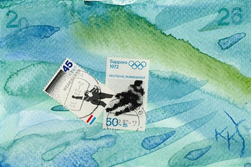Cartoon: Pair dancing on ice (medium) by Kestutis tagged pair,dancing,briefmarke,ice,man,woman,dada,postcard,kestutis,lithuania,winter,sports,olympic,games,milano,cortina,2026