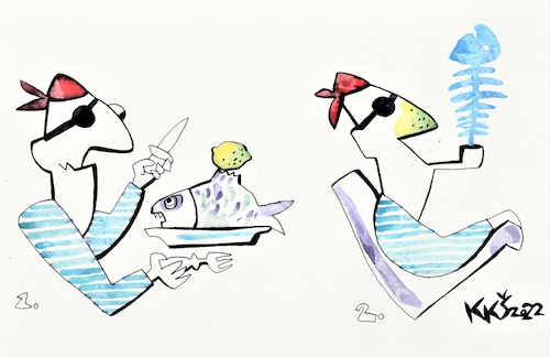 Cartoon: Pirate Lunch and Afternoon (medium) by Kestutis tagged pirate,lunch,afternoon,kestutis,lithuania,fish,pipe