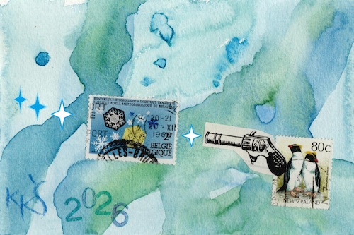 Cartoon: Start of the Winter Olympics (medium) by Kestutis tagged start,winter,penguin,stamp,briefmarke,gun,olympics,games,milan,cortina,snow,dada,postcard,kestutis,lithuania