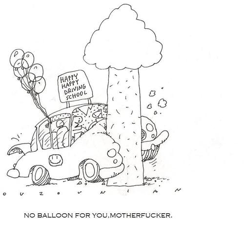 Cartoon: happy happy driving school (medium) by ouzounian tagged driving,learning,school,instruction,balloons,happy
