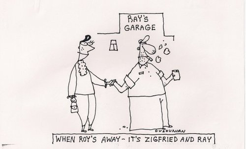 Cartoon: gays-schmays (medium) by ouzounian tagged relationships,gays,ouzounian,cheating,garage,mechanics