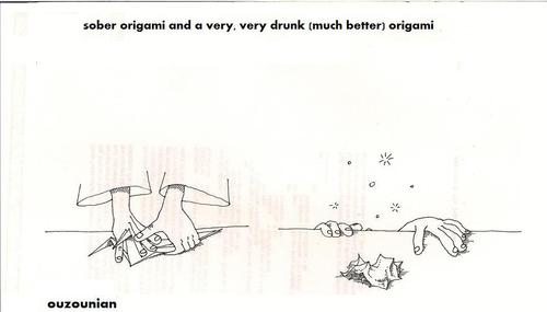 Cartoon: origami and stuff (medium) by ouzounian tagged alcohol,drinking,origami,art,artists