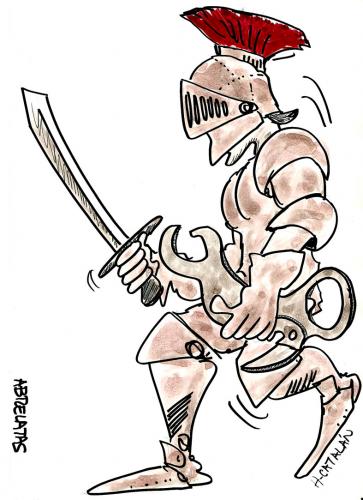 Cartoon: CABALLERO CON ABRELATAS (medium) by HCATALAN tagged caballero,pelea,armas,latas,abrelatas