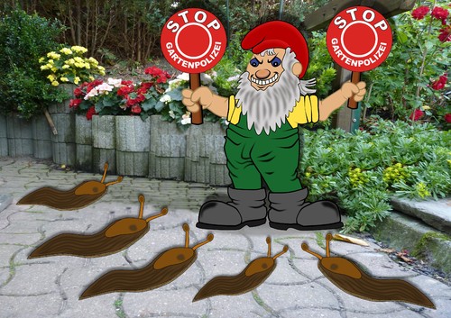 Cartoon: Gartenpolizei (medium) by RiwiToons tagged schneckenplage,kleingarten,nacktschnecke,schnecken,gartenzwerg