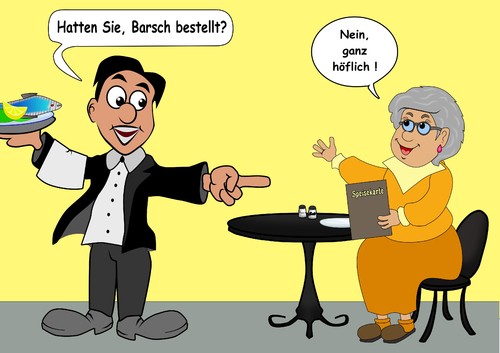 Cartoon: Wortspiel Barsch  barsch (medium) by RiwiToons tagged wortspiel,verwechslung,unhöflich,gereizt,fisch,fischart,barsch,kellner,gast,gaststätte,freundlich,freundlichkeit,höflich