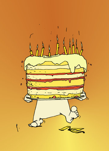 Cartoon: Zum Geburtstag viel Glück! (medium) by Pierre tagged pech,glück,bananenschale,torte,geburtstag