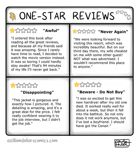 Cartoon: One Star Reviews (medium) by a zillion dollars comics tagged narcissism,culture,society,shopping,consumerism