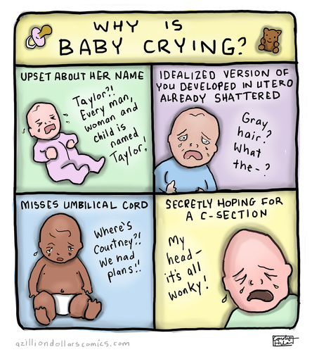 Cartoon: Why Is Baby Crying? (medium) by a zillion dollars comics tagged parenthood,kids,infants,babies,family