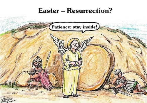 Cartoon: Easter_Resurrection? (medium) by Alan tagged easter,resurrection,contact,restrictions,jesus,tomb,corona,covid19,merkel,angel