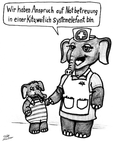 Cartoon: Systemelefant (medium) by Alan tagged systemelefant,systemelefanten,anrecht,notbetreuung,kita,elephant,elefant,krankenschwester,nurse,covid19,corona