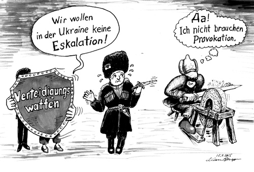Cartoon: Ukraineskalation (medium) by Alan tagged eskalation,ukraine,putin,poroschenko,merkel,obama,verteidigungswaffen,schwert,provokation