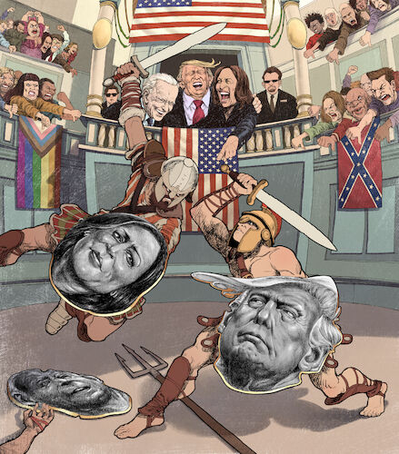 Cartoon: America (medium) by Arne S Reismueller tagged trump,harris,biden,politics,usa,america,gladiator,people,trump,harris,biden,politics,usa,america,gladiator,people