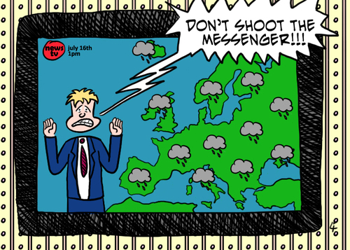 Cartoon: blame it on the weatherman (medium) by elke lichtmann tagged weatherman,cloud,rain,summer,forecast,weather,cold