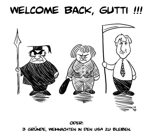 Cartoon: Wiedersehensfreude (medium) by elke lichtmann tagged gutti,guttenberg,seehofer,merkel,plagiat,comeback,welcome,rückkehr,wut