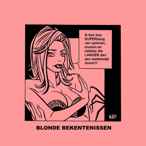 Cartoon: Blonde Bekentenissen - SUPERbang (medium) by Age Morris tagged weekend,superbang,muizen,spinnen,tags,cosmogirl,lekkerding,domblondje,blondje,dom,blondebekentenissen,overlevenenliefde,victorzilverberg,agemorris,relatie