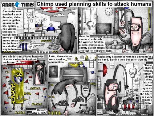 Cartoon: Chimp used planning skills (medium) by bob schroeder tagged comic,webcomic,scientist,rockthrowing,chimpanzee,zoo,primates,santino,stones,ammunition