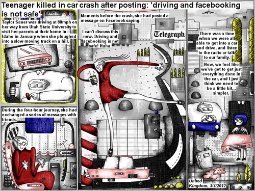 Cartoon: driving and facebooking (medium) by bob schroeder tagged teenager,texting,facebook,safety,killing,car,crash,message