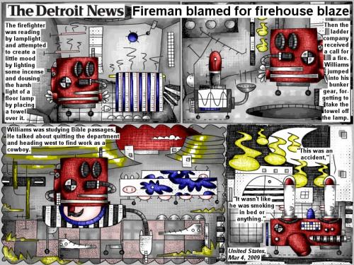Cartoon: Fireman blamed for blaze (medium) by bob schroeder tagged comic,webcomic,fire,blaze,firehouse,firefighter,incense,towel,bible,cowboy,smoking