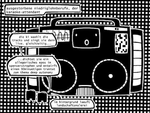 Cartoon: Niedriglohn (medium) by bob schroeder tagged karaoke,maschine,ki,ai,niedriglohn,beruf,job,digitalisierung,roboter