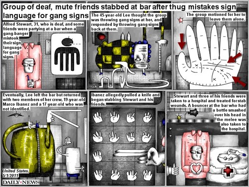 Cartoon: sign language (medium) by bob schroeder tagged sign,language,gang,communication,hands,fingers,friends,bar,brawl,deaf,mute,motion,knife,hospital