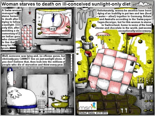 Cartoon: sunlight only diet (medium) by bob schroeder tagged woman,starvation,sunlight,diet,guru,death,thirst,ascetic,food,water,nutrition,cheese,chocolate