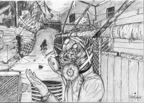 Cartoon: lost in tschernobyl (medium) by SebDaSchuh tagged lost,in,tschernobyl,mask,creature,dark,fear