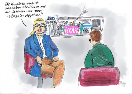Cartoon: Alice Weidel gibt ein Interview (medium) by Skowronek tagged alice,weidel,afd,nazis,aligator,algatraz,deutschland,wahlen,zentrum,für,politische,schönheit,demoskowronek,cartoons