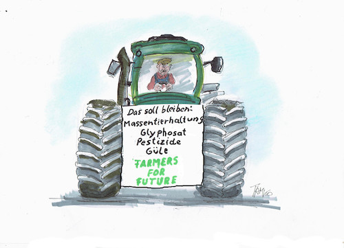 Cartoon: Bauernprotest (medium) by Skowronek tagged julia,klöckner,landwirtschaft,nutri,code,nestle,fett,zucker,salz,nährwertampel,übergewicht,traktoren,kühe,scweine,hühner,massentierhaltung