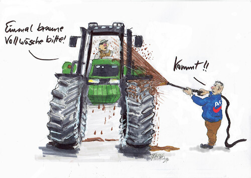 Cartoon: Braune Vollwäsche (medium) by Skowronek tagged bauern,afd,demo,nazis,traktor,protest,eu,subventionen,skowronek,cartoon