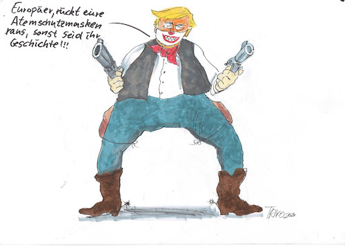 Cartoon: Coronatrump (medium) by Skowronek tagged corona,unfall,pandemie,cowboy,new,york,präsident,hammsterkäufe,klopapier,auto