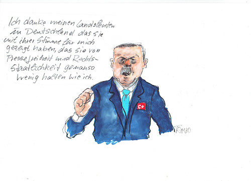Cartoon: Dankesrede (medium) by Skowronek tagged erdogan,syrien,soldaten,kurden,märtyrer,präsidialsystem,jornalisten,türkei,presse