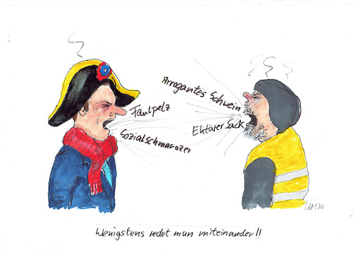 Cartoon: Dialog (medium) by Skowronek tagged gelbwesten,frankreich,benzinsteuer,protest,emmanuel,macron,rote,schals,skowronek,cartoon