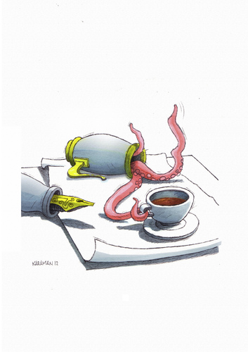 Cartoon: Tintenfisch (medium) by Mehmet Karaman tagged kaffee,füllfeder,tintenfisch