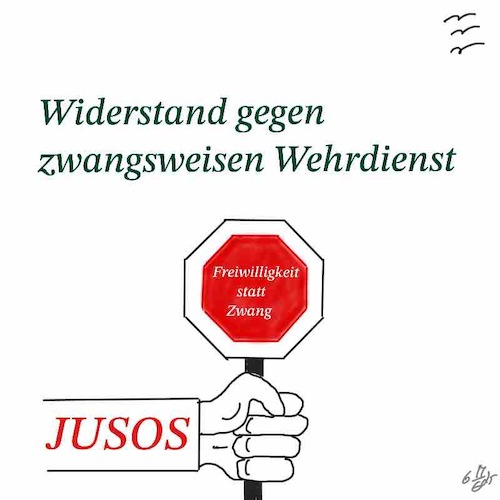 Cartoon: Widerstand gegen Wehrpflicht (medium) by legriffeur tagged wehrpflicht,bundeswehr,verteidigung,jusos,spd,parteitag,deutschland,krieg,soldaten,wehrpflichtige