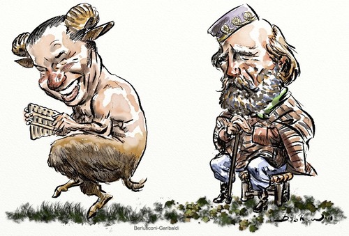 Cartoon: Berlusconi and Garibaldi (medium) by Bob Row tagged garibaldi,faun,berlusconi,anniversary,italy