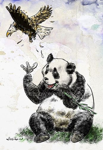 Cartoon: China overtakes US (medium) by Bob Row tagged china,usa,global,trade,panda,bald,eagle
