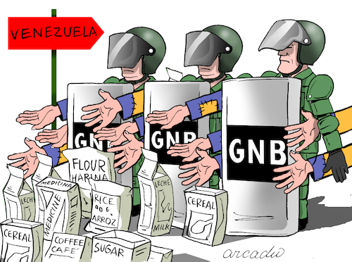 Cartoon: 23F a violent day. (medium) by Cartoonarcadio tagged maduro,venezuela,humanitarian,aid,latin,america
