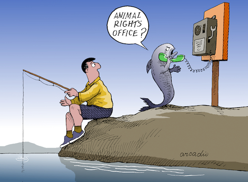 Cartoon: Animal Rights. (medium) by Cartoonarcadio tagged humor,fish,ocean,fishing