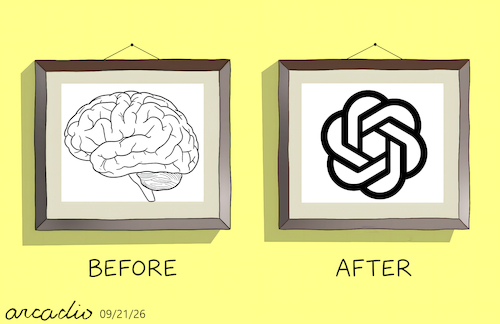 Cartoon: Evolution of the human brain. (medium) by Cartoonarcadio tagged human,brain,technology