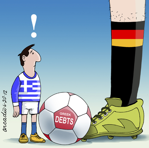 Cartoon: Greece vrs. Germany (medium) by Cartoonarcadio tagged germany,greece,crisis,football,economy