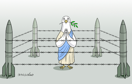 Cartoon: Peace pleads amid the war. (medium) by Cartoonarcadio tagged peace,missiles,war,iran,middle,east,ukraine