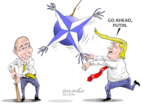 Cartoon: Putin and Trump playing with NAT (medium) by Cartoonarcadio tagged nato,war,putin,trump