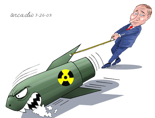 Cartoon: Putin walking with his nuclear d (medium) by Cartoonarcadio tagged putin,world,europe,nuclear,power,weapons