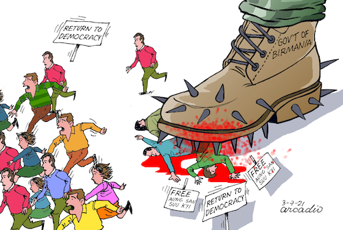 Cartoon: Return to democracy. (medium) by Cartoonarcadio tagged birmania,military,coup,democracy