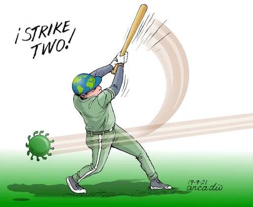Cartoon: Strike two. (medium) by Cartoonarcadio tagged covid,coronavirus,health,vaccine