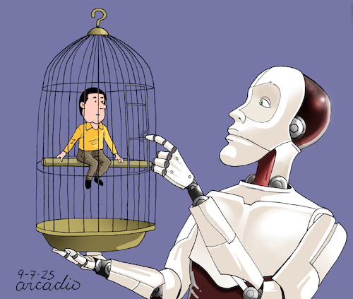 Cartoon: THE FRIENDLY PET OF THE ROBOT.. (medium) by Cartoonarcadio tagged human,robot,technology,ai,the