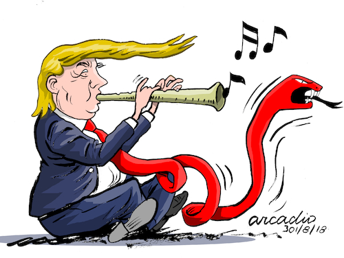 Cartoon: The president of the red tie. (medium) by Cartoonarcadio tagged trump,press,free,trade,finances,diplomacy,foreign,affairs,the